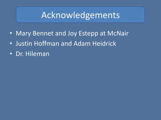 Acknowledgements
• Mary Bennet and Joy Estepp at McNair
• Justin Hoffman and Adam Heidrick
• Dr. Hileman
 