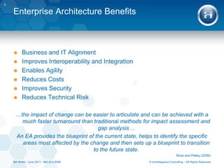 Enterprise Architecture“A rigorous description of the structure of an enterprise, which comprises enterprise component, the externally visible properties of those components, and the relationships between them. This description is comprehensive, including enterprise goals, business process, roles, organisational structures, organisationalbehaviours, bsuiness information, software applications, and computer systems.”www.wikipedia.org“The fundamental organisation of a system, embodied in its components, their relationships to each other and the environment, and the principles governing its design and evolution.”ISO/IEC 42010:2007TOGAF embraces and extends this definition:1.A formal description of a system, or a detailed plan of the system at a component level to guide its implementation2.The structure of components, their inter-relationships, and the principles and guidelines governing their design and evolution over time8© Imre Hegedus Consulting – All Rights ReservedBA World – July 2009 - MELBOURNE