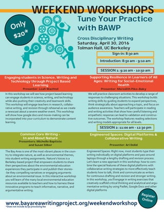 Only
$20*
www.bayareawritingproject.org/weekendworkshop*Does not include $2.30 processing fee
Tune Your Practice
with BAWP
Cross Disciplinary Writing
Saturday, April 30, 2016
Tolman Hall, UC Berkeley
In this workshop we will see how project based learning
can engage students in science, writing, and technology
while also pushing their creativity and teamwork skills. 
This workshop will engage teachers in research, collabo-
rative writing, and revision through rehearsal as we create
a newscast about a severe weather event.This workshop
will show how google docs and movie-making can be
incorporated into your curriculum to demonstrate content
learning.
We will practice classroom activities to develop a range of
responses to challenging situations.This workshop builds
writing skills by guiding students to expand perspectives,
think strategically about approaching a topic, and focus on
audience awareness.Teachers will participate in reading
and writing activities that show how careful listening and
empathetic response can lead to validation and construc-
tive outcomes.The workshop features reading selections
and writing models appropriate for all levels.
SESSION 2: 11:00 am - 12:30 pm
The Bay Area is one of the most vibrant places in the coun-
try to integrate nature, as well as environmental themes,
into student writing assignments. Nature’sVoices is a
Berkeley-based project that empowers students to share
their perspectives about the environmental education
experiences they participate in and publish their stories-
-be they compelling narratives or engaging arguments
about an environmental issue. In this interactive workshop
you will learn of the many local environmental education
resources available to teachers and how to harness these
innovative programs to teach informative, narrative, and
argumentative writing.
Engineered Spaces: Right now, most students type their
writing individually on digital platforms and pass around
laptops through a lengthy drafting and revision process.
Let’s learn a new approach in this workshop: how to com-
bine the special features of these digital platforms with
collaborative writing strategies to more effectively teach
students how to talk, think and communicate as writers
for continuous drafting and revision and stronger writing. 
In this workshop, you’ll engage in writing exercises that
creatively scaffold critical thinking and analytical and argu-
mentative writing by using Padlet, Google Docs and other
digital platforms
SESSION 1: 9:20 am - 10:50 am
Sign-in: 8:30 am
Common Core Writing -
In and About Nature
Presenters: Michelle Baptiste
and Susan Silber
Engineered Spaces: Digital Platforms &
Collaborative Writing
Presenter: Ari Dolid
Register
Online
WEEKEND WORKSHOPS
Engaging students in Science, Writing and
Technology through Project Based
Learning
Presenter: Leah Wachtel
Supporting Resilience in Learners of All
Ages: Writing for Social-Emotional
Health
Presenter: Meredith Pike-Baky
Introduction: 8:50 am - 9:10 am
 