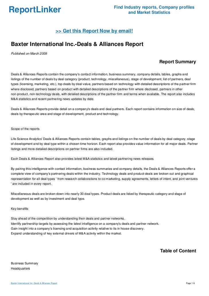 Baxter International Inc.Deals & Alliances Report