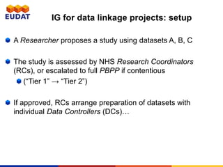 IG for data linkage projects: setup
A Researcher proposes a study using datasets A, B, C
The study is assessed by NHS Research Coordinators
(RCs), or escalated to full PBPP if contentious
(“Tier 1” → “Tier 2”)
If approved, RCs arrange preparation of datasets with
individual Data Controllers (DCs)…
 