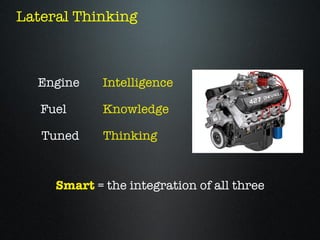 Lateral Thinking



  Engine     Intelligence

   Fuel      Knowledge

   Tuned     Thinking


     Smart = the integration of all three
 