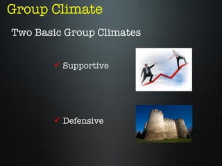 Group Climate
Two Basic Group Climates


        Supportive




        Defensive
 