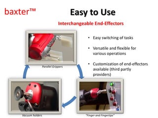baxter™
Interchangeable End-Effectors
• Easy switching of tasks
• Versatile and flexible for
various operations
• Customization of end-effectors
available (third partly
providers)
Parallel Grippers
Vacuum holders “Finger and Fingertips”
Easy to Use
 
