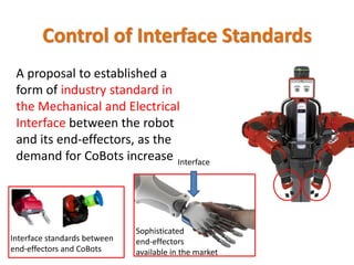 Control of Interface Standards
A proposal to established a
form of industry standard in
the Mechanical and Electrical
Interface between the robot
and its end-effectors, as the
demand for CoBots increase
Interface standards between
end-effectors and CoBots
Sophisticated
end-effectors
available in the market
Interface
 