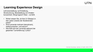 Schmidt, Earnshaw, Jahnke, & Tawfik, 2023, ETRD
11
Learning Experience Design
Lehrveranstaltung: auf Erstellung,,
Strukturierung, Bereitstellung von Inhalten
konzentriert. Klingt logisch? Aber – es fehlt:
• Woher wissen Sie, ob Ihre LV (Design) in
das Leben (needs) der Studierenden
passt?
• Sind Lernende motiviert (demotiviert),
weiterzumachen, und warum?
• Wie fühlt sich der Lernende während der
gesamten “Lernerfahrung” (LXD)?
 