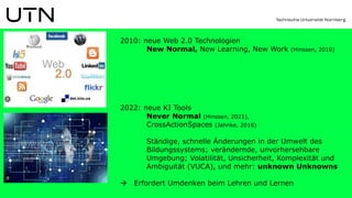 2010: neue Web 2.0 Technologien
New Normal, New Learning, New Work (Hinssen, 2010)
2022: neue KI Tools
Never Normal (Hinssen, 2021),
CrossActionSpaces (Jahnke, 2016)
Ständige, schnelle Änderungen in der Umwelt des
Bildungssystems; verändernde, unvorhersehbare
Umgebung; Volatilität, Unsicherheit, Komplexität und
Ambiguität (VUCA), und mehr: unknown Unknowns
 Erfordert Umdenken beim Lehren und Lernen
 