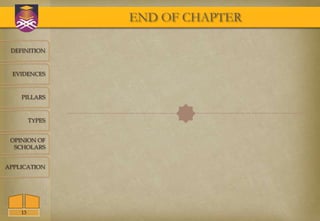 END OF CHAPTER

 DEFINITION



  EVIDENCES



    PILLARS



         TYPES        
 OPINION OF
  SCHOLARS


APPLICATION




    13
 