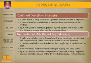 TYPES OF AL-DAYN

 DEFINITION
                Confirmed Debt (Dayn Mustaqir)
                • A debt which is fully confirmed upon the debtor and he has to pay it.
  EVIDENCES
                • It cannot be either cancelled or waived without the consent of the
                  creditor
    PILLARS     • Eg. Credit, cost of damages, price of a good, cost of completed labor,
                  and dowry of spouse after marital consummation
        TYPES   Non confirmed Debt (Dayn Ghayr Mustaqir)
                • A debt in which has not fully confirmed upon the debtor due the fact
 OPINION OF       that the possession of the creditor is subject to its confirmation.
  SCHOLARS
                • It can be cancelled at any time before the completion of the basic of the
                  debt.
APPLICATION
                • Non-confirmed debt is used for selling or buying to a third party.
                • Eg. Cost of labor before the completion of the work, dowry of spouse
                  may not complete in case of the divorce before marital consummation.


    7
 