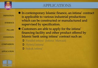 APPLICATIONS
               In contemporary Islamic finance, an istisna’ contract
 DEFINITION
                is applicable to various industrial productions
                which can be constructed or manufactured and
  EVIDENCE
                supervised by specification.
    PILLARS    Customers are able to apply for the istisna’
                financing facility and other product offered by
 CONDITION      Islamic bank using istisna’ contract such as:
                 Parallel istisna’ (Istisna’ Mawazi)
COMPARISON       Hybrid Istisna’
                 Sukuk istisna’
APPLICATION




    13
 