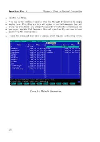 Bayanihan Linux 5                   Chapter 9. Using the Terminal/Commandline


1732   and the File Menu.
1733   You can execute system commands from the Midnight Commander by simply
1734   typing them. Everything you type will appear on the shell command line, and
1735   when you press Enter the Midnight Commander will execute the command line
1736   you typed; read the Shell Command Line and Input Line Keys sections to learn
1737   more about the command line.
1738   To run this command, type mc in a terminal which displays the following screen:




                             Figure 9.4: Midnight Commander




       122
 