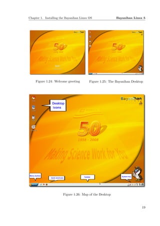 Chapter 1. Installing the Bayanihan Linux OS               Bayanihan Linux 5




    Figure 1.24: Welcome greeting         Figure 1.25: The Bayanihan Desktop




                       Figure 1.26: Map of the Desktop


                                                                           19
 