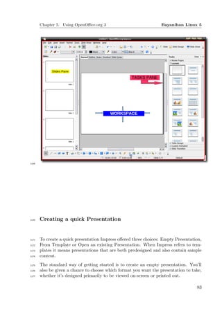Chapter 5. Using OpenOﬃce.org 3                             Bayanihan Linux 5




1169




1170   Creating a quick Presentation


1171   To create a quick presentation Impress oﬀered three choices: Empty Presentation,
1172   From Template or Open an existing Presentation. When Impress refers to tem-
1173   plates it means presentations that are both predesigned and also contain sample
1174   content.
1175   The standard way of getting started is to create an empty presentation. You’ll
1176   also be given a chance to choose which format you want the presentation to take,
1177   whether it’s designed primarily to be viewed on-screen or printed out.

                                                                                    83
 