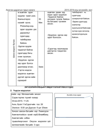 Ажиглах дадлагын гарын авлага 2015-2016 оны хичээлийн жил
Шинэмэдлэгбүтээх
Даалгаварөгөх
м ашиглан зураг
оруулах тухай үзнэ.
Компьютероо
нээхийг хүснэ.
Photoshop-oop.
зураг оруулах дэс
дарааллыг
сурагчдад
тайлбарлаж
байсан.
-Зургаа оруулж
чадахгүй байгаа
сурагчдад багш
очиж тусалсан.
-Оруулсан зургаа
хар зураг болгох
даалгавар өгсөн.
-Гэртээ мэдсэн
мэдлэгээ ашиглан
дуртай зургаа хийж
сураарай
30
Мин
5мин
ашиглан дахин хэд
хэдэн зураг оруулсан
-Чадахгүй байгаа
нэгэндээ тусалж байсан
ба багшаас тусламж
авсан.
-Оруулсан зургаа хар
зураг болгосон.
-Сурагчид паалгавраа
дэвтэртээ тэмдэглэн
авсан.
тайлбарлалт нь
сурагчдад
сонирхолтой байсан.
-Зарим сурагчдад
компютер
хүрэлцэхгүй байснаас
зүгээр сууж хичээлд
идэвхгүй оролцож
байсан.
ХИЧЭЭЛИЙНЯВЦЫНТЭМДЭГЛЭЛХӨТЛӨХХУУДАС
2. Үндсэн мэдээлэл
Хxичээлийн нэр: Математкийн хичээл
Сэдэв:тарпиз түүний талаар
Огноо:2015. 11.20.
Анги, бүлэг:11аСурагчийн тоо: 26
Эхэлсэн: 8.00 цаг,Дууссан 9 цаг 20мин
Хичээл заасан багшийн нэр: Лхамсүрэн
Ажиглалтхийсэн хүний нэрБ.Өлзийбаяр.
Ажиглагчийн албан
тушаал/мэргэжил :Оюутан мэдээлэл зүй
математикийн багшийн 3 курс
Ангийн план зураг
 