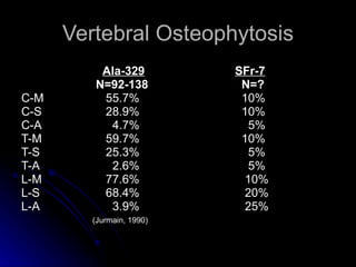 Vertebral Osteophytosis   Ala-329 SFr-7   N=92-138   N=? C-M   55.7%   10% C-S   28.9%   10% C-A   4.7%   5% T-M   59.7%   10% T-S   25.3%   5% T-A   2.6%   5% L-M   77.6%   10% L-S   68.4%   20% L-A   3.9%   25% (Jurmain, 1990) 
