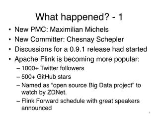 What happened? - 1
• New PMC: Maximilian Michels
• New Committer: Chesnay Schepler
• Discussions for a 0.9.1 release had started
• Apache Flink is becoming more popular:
– 1000+ Twitter followers
– 500+ GitHub stars
– Named as “open source Big Data project” to
watch by ZDNet.
– Flink Forward schedule with great speakers
announced
4
 
