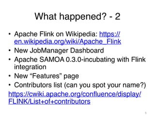 What happened? - 2
• Apache Flink on Wikipedia: https://
en.wikipedia.org/wiki/Apache_Flink
• New JobManager Dashboard
• Apache SAMOA 0.3.0-incubating with Flink
integration
• New “Features” page
• Contributors list (can you spot your name?)
https://cwiki.apache.org/confluence/display/
FLINK/List+of+contributors
5
 