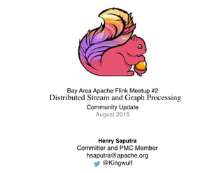 Bay Area Apache Flink Meetup #2
Distributed Stream and Graph Processing
Community Update
August 2015
Henry Saputra
Committer and PMC Member
hsaputra@apache.org
@Kingwulf
 