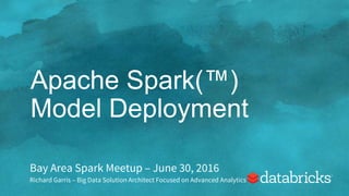 Apache Spark(™)
Model Deployment
Bay Area Spark Meetup – June 30, 2016
Richard Garris – Big Data Solution Architect Focused on Advanced Analytics
 