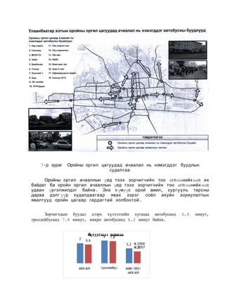 7-р зураг

Оройны оргил цагуудад ачаалал нь нэмэгддэг буудлын
судалгаа

Оройны оргил ачааллын үед тээх зорчигчийн тоо өгл өөнийх өөс их
байдаг ба оройн оргил ачааллын үед тээх зорчигчийн тоо өгл өөнийх өөс
удаан үргэлжилдэг байна . Энэ х үмүүс орой ажил, сургууль тарсны
дараа дэлг үүр худалдаагаар явах зэрэг
соёл ахуйн зориулалтын
явалтууд оройн цагаар гардагтай холбоотой .
Зорчигчдын буудал дээрх хүлээлтийн хугацаа автобусанд
троллейбусанд 7.8 минут, микро автобусанд 4.2 минут байна.

7

Õ¿ëýýëòèéí õóãàöàà
8 7,8
6,6

àâòî áóñ

троллейбус

5,2

2006
4,2
2007

áàãà î âðû í
àâòî áóñ

6.6

минут,

 