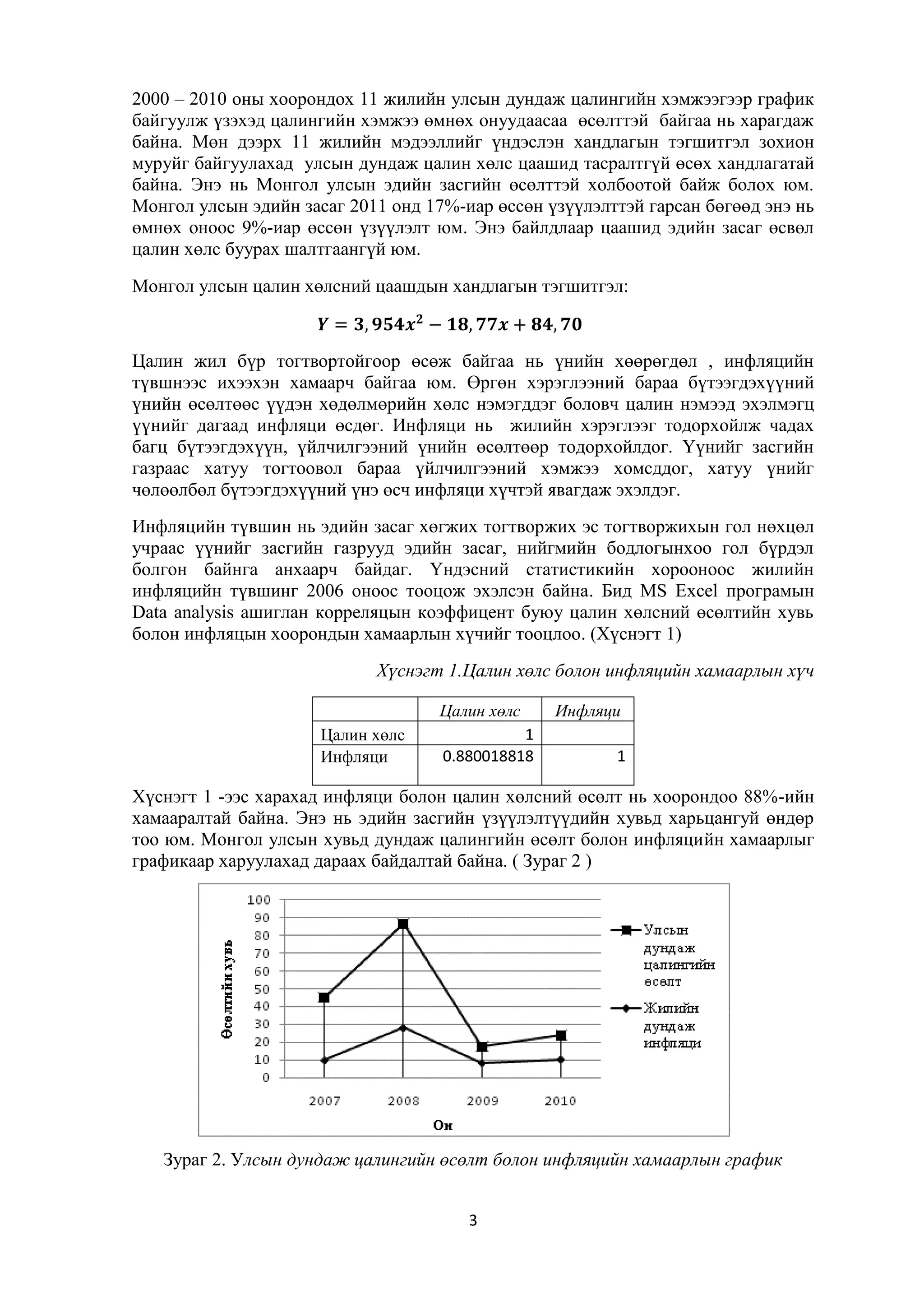 2000 – 2010 оны хоорондох 11 жилийн улсын дундаж цалингийн хэмжээгээр график
байгуулж үзэхэд цалингийн хэмжээ өмнөх онуудаасаа өсөлттэй байгаа нь харагдаж
байна. Мөн дээрх 11 жилийн мэдээллийг үндэслэн хандлагын тэгшитгэл зохион
муруйг байгуулахад улсын дундаж цалин хөлс цаашид тасралтгүй өсөх хандлагатай
байна. Энэ нь Монгол улсын эдийн засгийн өсөлттэй холбоотой байж болох юм.
Монгол улсын эдийн засаг 2011 онд 17%-иар өссөн үзүүлэлттэй гарсан бөгөөд энэ нь
өмнөх оноос 9%-иар өссөн үзүүлэлт юм. Энэ байлдлаар цаашид эдийн засаг өсвөл
цалин хөлс буурах шалтгаангүй юм.
Монгол улсын цалин хөлсний цаашдын хандлагын тэгшитгэл:

Цалин жил бүр тогтвортойгоор өсөж байгаа нь үнийн хөөрөгдөл , инфляцийн
түвшнээс ихээхэн хамаарч байгаа юм. Өргөн хэрэглээний бараа бүтээгдэхүүний
үнийн өсөлтөөс үүдэн хөдөлмөрийн хөлс нэмэгддэг боловч цалин нэмээд эхэлмэгц
үүнийг дагаад инфляци өсдөг. Инфляци нь жилийн хэрэглээг тодорхойлж чадах
багц бүтээгдэхүүн, үйлчилгээний үнийн өсөлтөөр тодорхойлдог. Үүнийг засгийн
газраас хатуу тогтоовол бараа үйлчилгээний хэмжээ хомсддог, хатуу үнийг
чөлөөлбөл бүтээгдэхүүний үнэ өсч инфляци хүчтэй явагдаж эхэлдэг.
Инфляцийн түвшин нь эдийн засаг хөгжих тогтворжих эс тогтворжихын гол нөхцөл
учраас үүнийг засгийн газрууд эдийн засаг, нийгмийн бодлогынхоо гол бүрдэл
болгон байнга анхаарч байдаг. Үндэсний статистикийн хорооноос жилийн
инфляцийн түвшинг 2006 оноос тооцож эхэлсэн байна. Бид MS Excel програмын
Data analysis ашиглан корреляцын коэффицент буюу цалин хөлсний өсөлтийн хувь
болон инфляцын хоорондын хамаарлын хүчийг тооцлоо. (Хүснэгт 1)
Хүснэгт 1.Цалин хөлс болон инфляцийн хамаарлын хүч
Цалин хөлс
Цалин хөлс
Инфляци

1
0.880018818

Инфляци
1

Хүснэгт 1 -ээс харахад инфляци болон цалин хөлсний өсөлт нь хоорондоо 88%-ийн
хамааралтай байна. Энэ нь эдийн засгийн үзүүлэлтүүдийн хувьд харьцангуй өндөр
тоо юм. Монгол улсын хувьд дундаж цалингийн өсөлт болон инфляцийн хамаарлыг
графикаар харуулахад дараах байдалтай байна. ( Зураг 2 )

Зураг 2. Улсын дундаж цалингийн өсөлт болон инфляцийн хамаарлын график
3

 