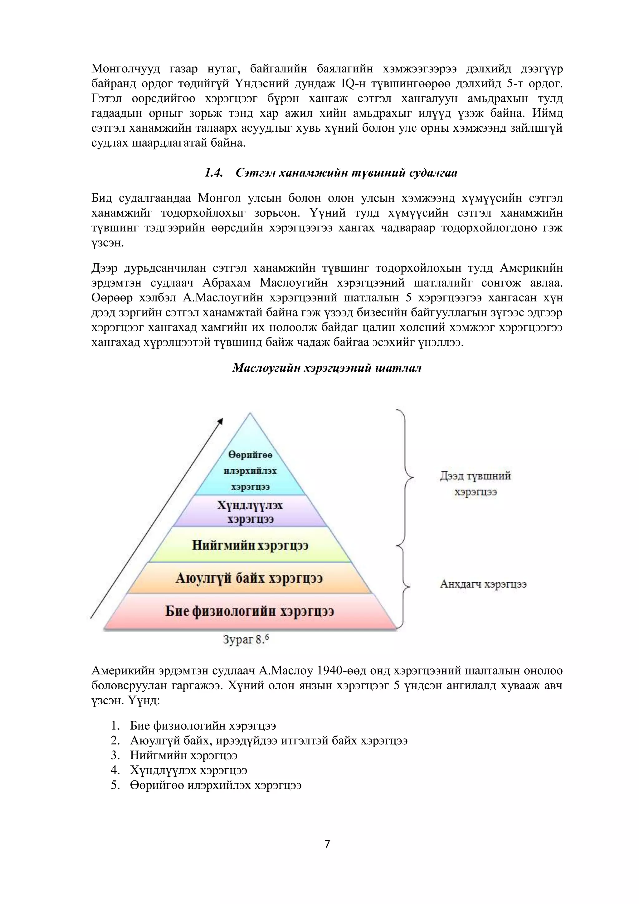 Монголчууд газар нутаг, байгалийн баялагийн хэмжээгээрээ дэлхийд дээгүүр
байранд ордог төдийгүй Үндэсний дундаж IQ-н түвшингөөрөө дэлхийд 5-т ордог.
Гэтэл өөрсдийгөө хэрэгцээг бүрэн хангаж сэтгэл хангалуун амьдрахын тулд
гадаадын орныг зорьж тэнд хар ажил хийн амьдрахыг илүүд үзэж байна. Иймд
сэтгэл ханамжийн талаарх асуудлыг хувь хүний болон улс орны хэмжээнд зайлшгүй
судлах шаардлагатай байна.
1.4. Сэтгэл ханамжийн түвшний судалгаа
Бид судалгаандаа Монгол улсын болон олон улсын хэмжээнд хүмүүсийн сэтгэл
ханамжийг тодорхойлохыг зорьсон. Үүний тулд хүмүүсийн сэтгэл ханамжийн
түвшинг тэдгээрийн өөрсдийн хэрэгцээгээ хангах чадвараар тодорхойлогдоно гэж
үзсэн.
Дээр дурьдсанчилан сэтгэл ханамжийн түвшинг тодорхойлохын тулд Америкийн
эрдэмтэн судлаач Абрахам Маслоугийн хэрэгцээний шатлалийг сонгож авлаа.
Өөрөөр хэлбэл А.Маслоугийн хэрэгцээний шатлалын 5 хэрэгцээгээ хангасан хүн
дээд зэргийн сэтгэл ханамжтай байна гэж үзээд бизесийн байгууллагын зүгээс эдгээр
хэрэгцээг хангахад хамгийн их нөлөөлж байдаг цалин хөлсний хэмжээг хэрэгцээгээ
хангахад хүрэлцээтэй түвшинд байж чадаж байгаа эсэхийг үнэллээ.
Маслоугийн хэрэгцээний шатлал

Америкийн эрдэмтэн судлаач А.Маслоу 1940-өөд онд хэрэгцээний шалталын онолоо
боловсруулан гаргажээ. Хүний олон янзын хэрэгцээг 5 үндсэн ангилалд хувааж авч
үзсэн. Үүнд:
1.
2.
3.
4.
5.

Бие физиологийн хэрэгцээ
Аюулгүй байх, ирээдүйдээ итгэлтэй байх хэрэгцээ
Нийгмийн хэрэгцээ
Хүндлүүлэх хэрэгцээ
Өөрийгөө илэрхийлэх хэрэгцээ

7

 