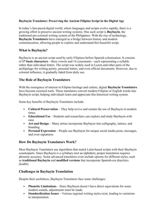 Baybayin Translator: Reviving the Ancient Filipino Script | DOCX