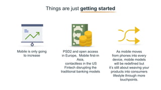 Things are just getting started
Mobile is only going
to increase
As mobile moves
from phones into every
device, mobile models
will be redefined but
it’s still about weaving your
products into consumers
lifestyle through more
touchpoints.
PSD2 and open access
in Europe, Mobile first-in
Asia,
contactless in the US
Fintech disrupting the
traditional banking models
 