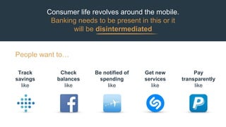 Consumer life revolves around the mobile.
Banking needs to be present in this or it
will be disintermediated
People want to…
Check
balances
like
Be notified of
spending
like
Get new
services
like
Track
savings
like
Pay
transparently
like
 