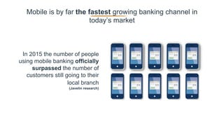 In 2015 the number of people
using mobile banking officially
surpassed the number of
customers still going to their
local branch
(Javelin research)
Mobile is by far the fastest growing banking channel in
today’s market
 