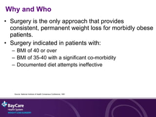 Why and Who Surgery is the only approach that provides consistent, permanent weight loss for morbidly obese patients. Surgery indicated in patients with: BMI of 40 or over BMI of 35-40   with a significant co-morbidity Documented diet attempts ineffective Source: National Institute of Health Consensus Conference; 1991 
