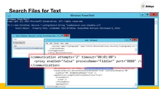 Search Files for Text
PS C:>Get-ChildItem -Recurse *.config|Select-String "loadbalancer.corp.itbubble.ru"
Select-Object -Property Path, LineNumber
|
|Out-GridView -OutputMode Multiple |%{notepad $_.Path}
 