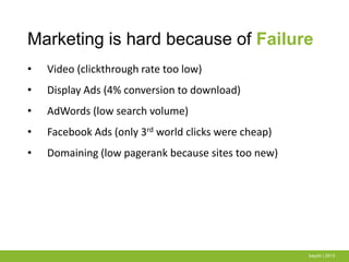 Marketing is hard because of Failure
baydin | 2013
• Video (clickthrough rate too low)
• Display Ads (4% conversion to download)
• AdWords (low search volume)
• Facebook Ads (only 3rd world clicks were cheap)
• Domaining (low pagerank because sites too new)
 