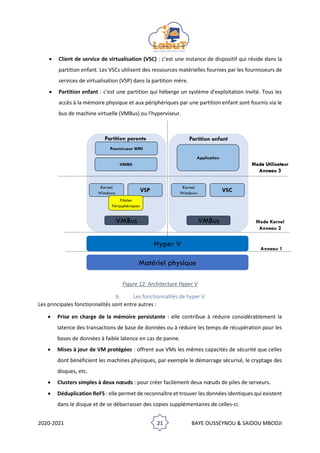 2020-2021 21 BAYE OUSSEYNOU & SAIDOU MBODJI
• Client de service de virtualisation (VSC) : c’est une instance de dispositif qui réside dans la
partition enfant. Les VSCs utilisent des ressources matérielles fournies par les fournisseurs de
services de virtualisation (VSP) dans la partition mère.
• Partition enfant : c’est une partition qui héberge un système d'exploitation invité. Tous les
accès à la mémoire physique et aux périphériques par une partition enfant sont fournis via le
bus de machine virtuelle (VMBus) ou l'hyperviseur.
Figure 12: Architecture Hyper V
b. Les fonctionnalités de hyper V
Les principales fonctionnalités sont entre autres :
• Prise en charge de la mémoire persistante : elle contribue à réduire considérablement la
latence des transactions de base de données ou à réduire les temps de récupération pour les
bases de données à faible latence en cas de panne.
• Mises à jour de VM protégées : offrent aux VMs les mêmes capacités de sécurité que celles
dont bénéficient les machines physiques, par exemple le démarrage sécurisé, le cryptage des
disques, etc.
• Clusters simples à deux nœuds : pour créer facilement deux nœuds de piles de serveurs.
• Déduplication ReFS : elle permet de reconnaître et trouver les données identiques qui existent
dans le disque et de se débarrasser des copies supplémentaires de celles-ci.
 