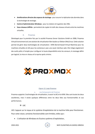 2020-2021 22 BAYE OUSSEYNOU & SAIDOU MBODJI
• Améliorations directes des espaces de stockage : pour assurer la réplication des données dans
la technologie de stockage.
• Centre d'administration Windows : pour la création et la gestion des VMs.
• Sous-réseaux chiffrés : permettent de crypter le trafic des réseaux virtuels entre les machines
virtuelles.
4. Proxmox
Développé pour la première fois par la société Proxmox Server Solutions GmbH en 2008, Proxmox
Virtual Environment est une solution de virtualisation libre basée sur Debian GNU/Linux. Cette solution
permet de gérer deux technologies de virtualisation : KVM (Kernel-based Virtual Machine) pour les
machines virtuelles et LXC pour les conteneurs avec une seule interface web. Elle intègre également
des outils prêts à l'emploi pour configurer la haute disponibilité entre les serveurs, le stockage défini
par logiciel, la mise en réseau et la reprise après sinistre.
Figure 13: Logo Proxmox
a. Les Composants de Proxmox
Proxmox supporte 2 technologies de virtualisation, à savoir la LXC et la KVM. Elles sont toutes les deux
excellentes, mais il existe quelques différences entre les deux liées aux fonctionnalités et aux
performances.
❖ LXC
LXC s’appuie sur le noyau et le système d’exploitation de la machine hôte pour fonctionner.
Pour cette raison, certaines fonctionnalités sont limitées, telles que :
• L’utilisation de Windows et d’autres systèmes d’exploitation,
 
