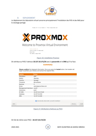 2020-2021 29 BAYE OUSSEYNOU & SAIDOU MBODJI
D. DEPLOIEMENT
Le déploiement du laboratoire virtuel concerne principalement l’installation des PVE et des NAS pour
le stockage partagé.
Figure 16: Installation Proxmox
On attribue au PVE1 l’adresse 10.157.10.171/24 avec la passerelle et le DNS qu’il lui faut.
Figure 17: Attribution d'adresse au PVE1
On fait de même avec PVE2 : 10.157.10.172/24
 