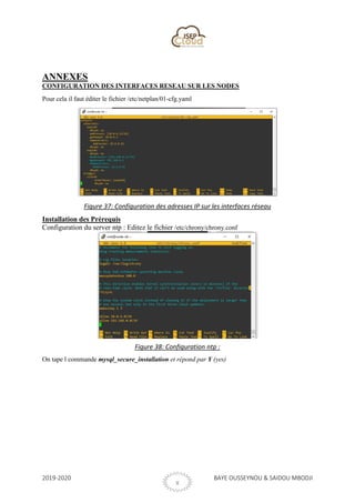 2019-2020 BAYE OUSSEYNOU & SAIDOU MBODJI
X
ANNEXES
CONFIGURATION DES INTERFACES RESEAU SUR LES NODES
Pour cela il faut éditer le fichier /etc/netplan/01-cfg.yaml
Figure 37: Configuration des adresses IP sur les interfaces réseau
Installation des Prérequis
Configuration du server ntp : Editez le fichier /etc/chrony/chrony.conf
Figure 38: Configuration ntp :
On tape l commande mysql_secure_installation et répond par Y (yes)
 