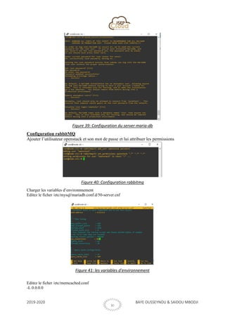 2019-2020 BAYE OUSSEYNOU & SAIDOU MBODJI
XI
Figure 39: Configuration du server maria-db
Configuration rabbitMQ
Ajouter l’utilisateur openstack et son mot de passe et lui attribuer les permissions
Figure 40: Configuration rabbitmq
Charger les variables d’environnnement
Editez le ficher /etc/mysql/mariadb.conf.d/50-server.cnf
Figure 41: les variables d'environnement
Editez le ficher /etc/memcached.conf
-L 0.0.0.0
 