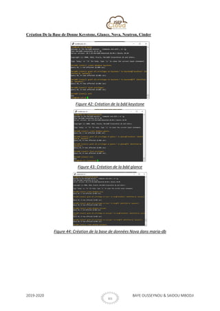 2019-2020 BAYE OUSSEYNOU & SAIDOU MBODJI
XII
Création De la Base de Donne Keystone, Glance, Nova, Neutron, Cinder
Figure 42: Création de la bdd keystone
Figure 43: Création de la bdd glance
Figure 44: Création de la base de données Nova dans maria-db
 