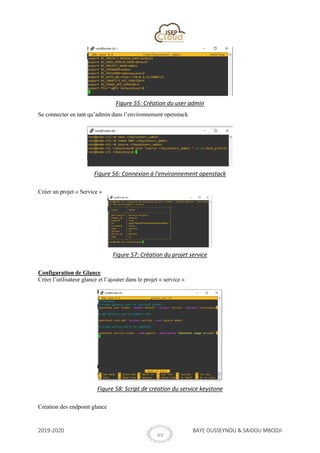 2019-2020 BAYE OUSSEYNOU & SAIDOU MBODJI
XV
Figure 55: Création du user admin
Se connecter en tant qu’admin dans l’environnement openstack
Figure 56: Connexion à l'environnement openstack
Créer un projet « Service »
Figure 57: Création du projet service
Configuration de Glance
Créer l’utilisateur glance et l’ajouter dans le projet « service »
Figure 58: Script de création du service keystone
Création des endpoint glance
 