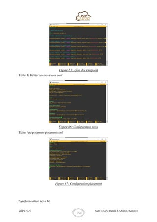 2019-2020 BAYE OUSSEYNOU & SAIDOU MBODJI
XVIII
Figure 65: Ajout des Endpoint
Editer le fichier /etc/nova/nova.conf
Figure 66: Configuration nova
Editer /etc/placement/placement.conf
Figure 67: Configuration placement
Synchronisation nova bd
 