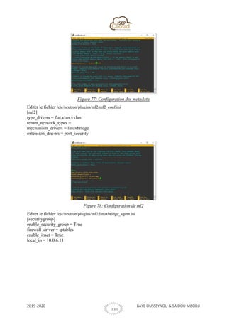 2019-2020 BAYE OUSSEYNOU & SAIDOU MBODJI
XXII
Figure 77: Configuration des metadata
Editer le fichier /etc/neutron/plugins/ml2/ml2_conf.ini
[ml2]
type_drivers = flat,vlan,vxlan
tenant_network_types =
mechanism_drivers = linuxbridge
extension_drivers = port_security
Figure 78: Configuration de ml2
Editer le fichier /etc/neutron/plugins/ml2/linuxbridge_agent.ini
[securitygroup]
enable_security_group = True
firewall_driver = iptables
enable_ipset = True
local_ip = 10.0.6.11
 
