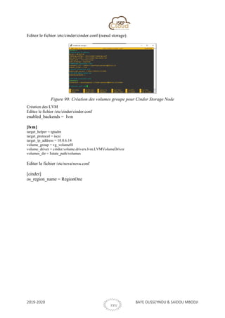2019-2020 BAYE OUSSEYNOU & SAIDOU MBODJI
XXVII
Editez le fichier /etc/cinder/cinder.conf (nœud storage)
Figure 90: Création des volumes groupe pour Cinder Storage Node
Création des LVM
Editez le fichier /etc/cinder/cinder.conf
enabled_backends = lvm
[lvm]
target_helper = tgtadm
target_protocol = iscsi
target_ip_address = 10.0.6.14
volume_group = vg_volume01
volume_driver = cinder.volume.drivers.lvm.LVMVolumeDriver
volumes_dir = $state_path/volumes
Editer le fichier /etc/nova/nova.conf
[cinder]
os_region_name = RegionOne
 