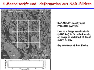 4 Meereisdrift und –deformation aus SAR-BildernRADARSAT Geophysical Processor System. Due to a large swath width (~400 km) in ScanSAR mode, an image is obtained at least every 7. day (by courtesy of Ron Kwok). 