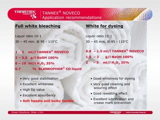 TANNEX® NOVECO
                         Application recommendations

  Full white bleaching                      White for dyeing

  Liquor ratio 10:1                         Liquor ratio 10:1
  30 – 45 min. @ 95 - 110°C                 30 – 45 min. @ 95 - 110°C

                                                                        ®
  1–2
                              ®
             ml/l TANNEX NOVECO             0.8 – 1.5 ml/l TANNEX NOVECO

  2 – 3.5      g/l NaOH 100%                1.5 – 3      g/l NaOH 100%

  6 – 10 ml/l H2O2 35%                      2    –5     ml/l H2O2 35%
                                   ®
  0.7            % BLANKOPHOR CO liquid


       • Very good stabilisation                • Good whiteness for dyeing
       • Excellent whiteness                    • Very good cleaning and
                                                  scouring effect
       • High Dp value
                                                • Good rewetting effect
       • Excellent absorbency
                                                • Excellent lubrification and
       • Soft handle and bulky handle
                                                  crease mark prevention


Green Solutions. Slide <18>
 