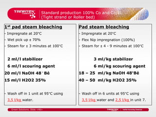 Standard production 100% Co and Co/EL
                             (Tight strand or Roller bed)

1st pad steam bleaching                       Pad steam bleaching
- Impregnate at 20°C                          - Impregnate at 20°C
- Wet pick up ± 70%                           - Flex Nip impregnation (100%)
- Steam for ± 3 minutes at 100°C              - Steam for ± 4 - 9 minutes at 100°C


 2 ml/l stabilizer                                    3 ml/kg stabilizer
 6 ml/l scouring agent                                6 ml/kg scouring agent
20 ml/l NaOH 48˚Bé                            18 – 25 ml/kg NaOH 48°Bé
15 ml/l H2O2 35%                              40 – 50 ml/kg H2O2 35%


- Wash off in 1 unit at 95°C using            - Wash off in 6 units at 95°C using
 3,5 l/kg water.                               3,5 l/kg water and 2,5 l/kg in unit 7.

    Green Solutions. Slide <46>
 
