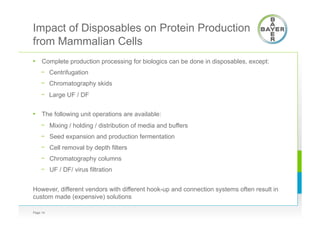Impact of Disposables on Protein Production
from Mammalian Cells
•  Complete production processing for biologics can be done in disposables, except:
-  Centrifugation
-  Chromatography skids
-  Large UF / DF
•  The following unit operations are available:
-  Mixing / holding / distribution of media and buffers
-  Seed expansion and production fermentation
-  Cell removal by depth filters
-  Chromatography columns
-  UF / DF/ virus filtration
However, different vendors with different hook-up and connection systems often result in
custom made (expensive) solutions
Page 14
 
