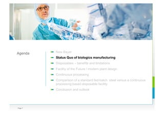 Page 7
Agenda   New Bayer
  Status Quo of biologics manufacturing
  Disposables – benefits and limitations
  Facility of the Future / modern plant design
  Continuous processing
  Comparison of a standard fed-batch steel versus a continuous
processing based disposable facility
  Conclusion and outlook
 
