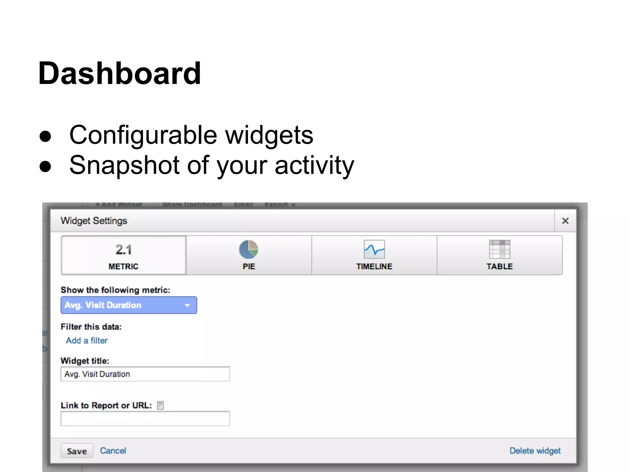 Dashboard
● Configurable widgets
● Snapshot of your activity
 