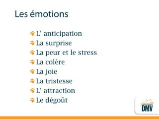 L’ anticipation La surprise La peur et le stress La colère La joie La tristesse L’ attraction Le dégoût  
